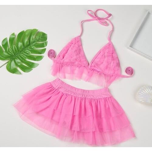 Cute Kids Swimwear 2Pcs Pink Baby Girl Bikini Set 2021 Sweet Flower Lace Halter Swimsuit Top Tulle Skirt Beach Bathing Suit