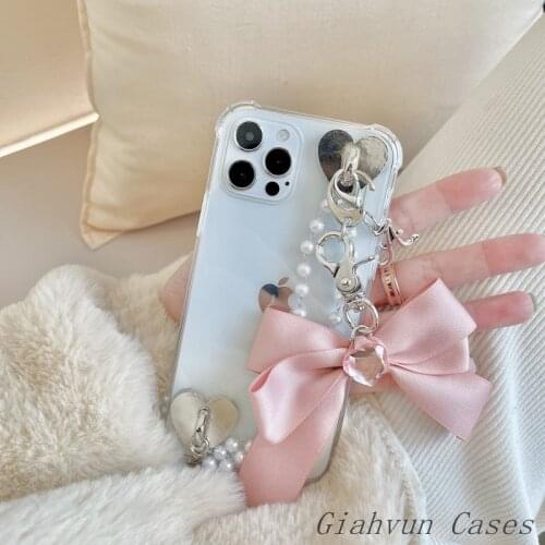 3D Bow Pearl Bracelet Chain Soft Phone Case For iphone 12 Pro Max 11 6 6S 7 8 Plus X XR XS Max SE For Samsung S10 S21 Cover