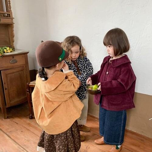 Childrens Coat 2021 Autumn New Girls Cute Solid Color Corduroy Korean Fashion Casual Long Sleeve Lapel Coat Girls Coats