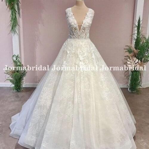 Sleeveless V-Neck Lace Appliques Wedding Dress Illusion Bodice Ivory Tulle Princess Ball Gown Bride Dresses Robe De Mariée