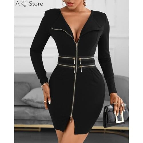 Sexy Womens V-neck Office Style High Waist Zipper Design Long Sleeve Dress
