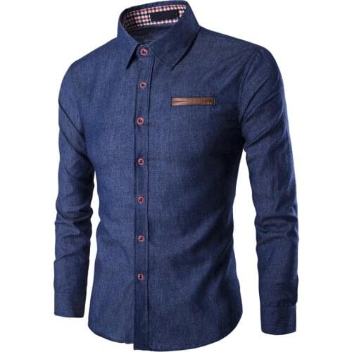 Spring Fall Casual Cool Mens PU Leather Patchwork Full Sleeve Denim Cardigan Shirt , Blouse For Man , Men Slim Fit Jeans Shirts