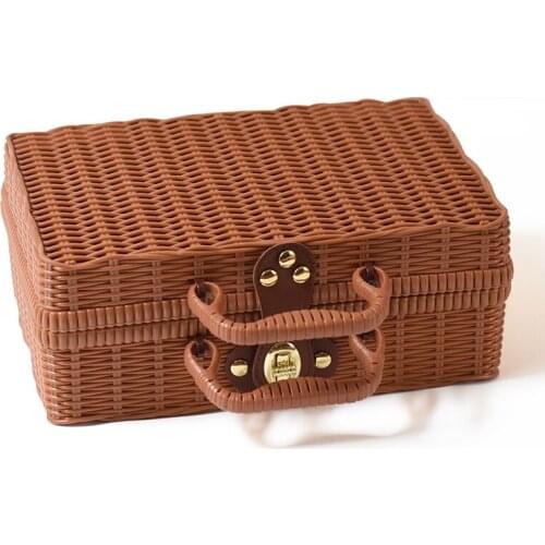 Handmade Vintage Rattan Woven Suitcase Makeup Basket Holder Sundries Organizer Box Portable Picnic Luggage Storage Boxes