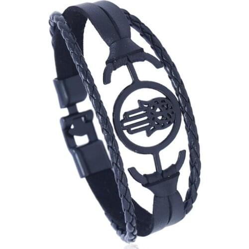 Vintage Casual Leather Bracelet All Match Hamsa Hand Charms Bangle Women Me Multilayer Wristbands Handmade Retro Fashion Jewelry