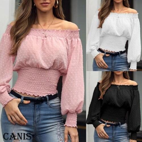 2019 New Women Chiffon Off Shoulder Casual Top Sexy Ladies Ruffle Frill T Shirt Blouse Long Sleeve Shirts Slim Casual Blouses