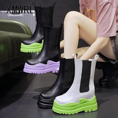 XMWRLW Womens Boot 2021 Autumn Leather High Heels Women Mid-Calf Boots Fashion Ladies Boots Women Autumn Shoes Platform Boot