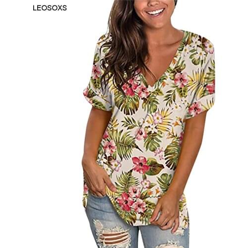 T-shirts Women Short Sleeve 2021 Summer New Popular V-neck Vintage Printing Top Casual Loose Harajuku T Shirt