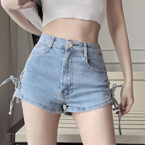 Women Summer Sexy Bandage Denim Shorts Casual High Waist Split Short Jeans Ladies Fashion Pockets Lace Up Denim Shorts