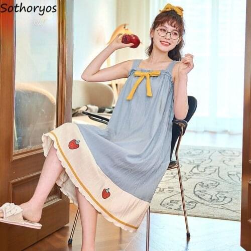 Spaghetti Strap Sleepshirts Women Lovely Girls Printed Bow Cozy Students Ulzzang Fashion Nightgowns Females Lounge High Quality