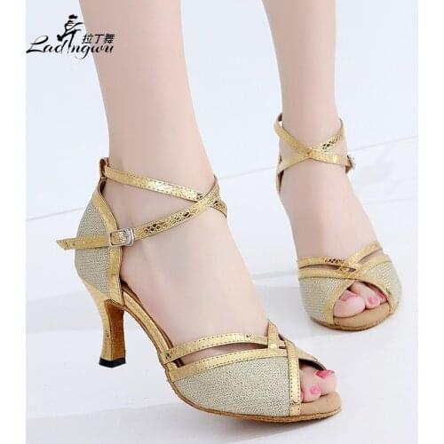 Ladingwu Flash and PU Golden High Heels Women Ballroom Salsa Dance Shoes Latin Waltz Dance Shoes Lady Size 35-44