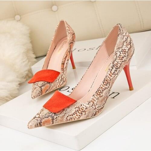 2021 Spring Sexy Stitching Snake Pattern Women Shoes Shallow Female High Heels Shoes Pointed Dress Nightclub Single Shoes Woman