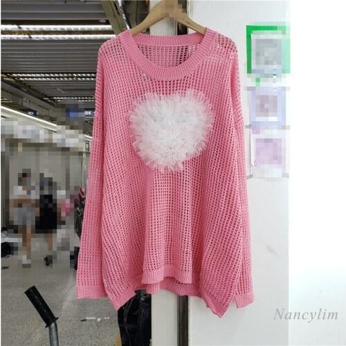 White Hollow-Out Love Mesh Sweater for Women Autumn 2021 New Pullovers Korean Fashion Loose Long Sleeve Top Pull Femme
