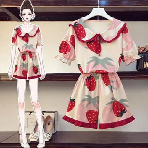 2020 Summer Cotton Pajamas Women Set 2 Piece Cute Doll Collar Ruffle Strawberry Short-sleeved Top+Shorts Suit Plus Size XL-5XL