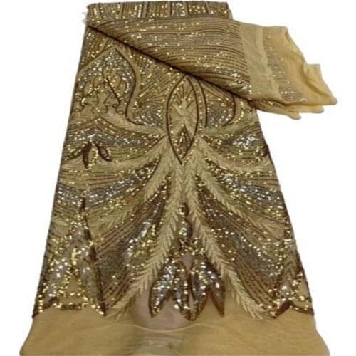 Gold Latest African Mesh Lace Fabric Green Embroiderey Sequins Beads French Tulle Laces Fabric For Nigerian Wedding Party Sew