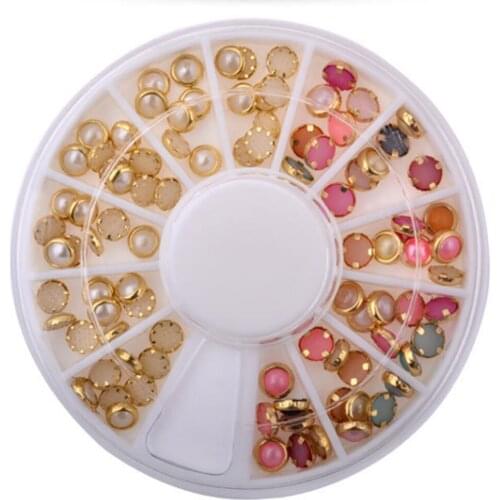 1 Box/12 Grids Mixed Sizes Metal Edging White/Color Half Pearls 3d Nail Beads Rhinestone Decoration DIY Manicure Tool
