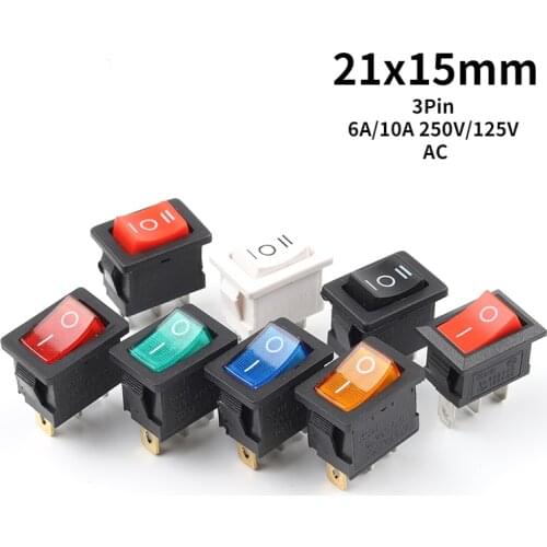 5PCS Boat Car Rocker Switch KCD1 3Pin 6A/10A 250V/125V AC Red Yellow Green Blue black Button Switch with Light 21*15mm