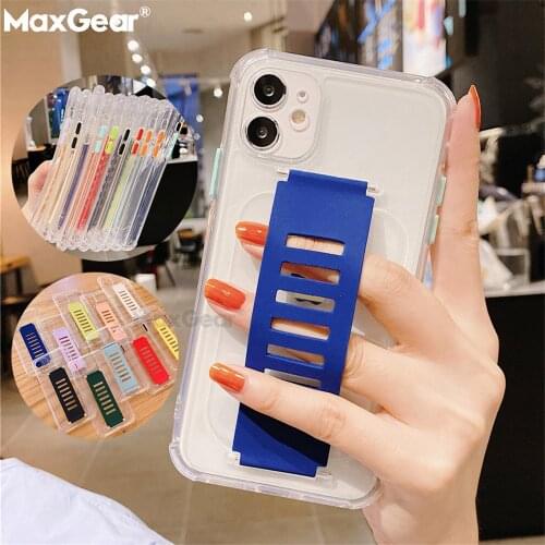 Wrist Strap Case For iPhone 12 11 Pro Xs Max XR X 7 8 Plus Mini SE Luxury Candy Color Transparent Soft Silicon Back Cover+Holder