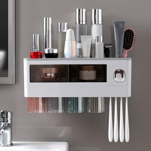 Toothbrush Holder Automatic Toothpaste Dispenser Squeezer Wall Mount Rack Magnetic Cups Holder For Bathroom Storage Organzier