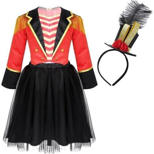 Kids Girls Circus Ringmaster Costume Outfit Jacket With Mesh Tutu Skirt And Headband Set For Halloween Cosplay Fancy Dress Party