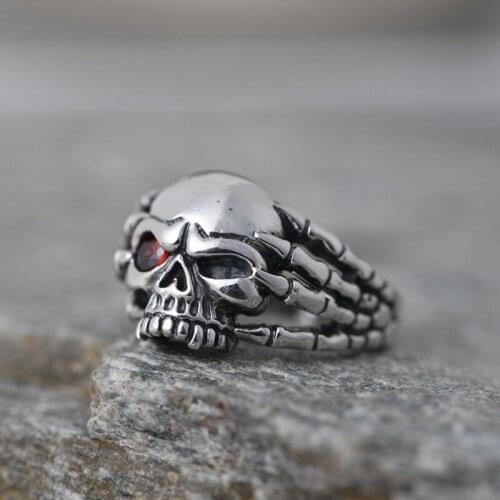 FNJ 925 Silver Punk Skull Rings Original 100% S925 Solid Prue Thai Silver Ring for Men Jewelry Vintage Red Zircon
