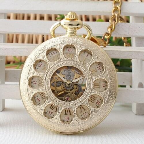 10pcs/lot Gold Roman Numerals Mechanical Watches Hollow Luxury Brand Hand Wind Necklace Pocket & Fob Watch Chain Wholesale