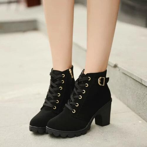 Autumn and winter new high-heeled womens boots cross-tie short boots thick with Martin boots leather boots