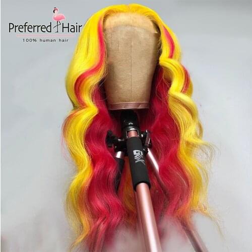 Preferred Red Yellow Highlight Wig Pre Plucked Blue Grey Ombre Human Hair Wig Brazilian Remy Transparent Lace Wigs for Women