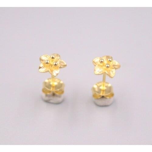 Pure 18K Yellow Gold Earrings Women Gift Lucky Elegant Flower Stud Earrings / 1.4g / 15*7mm