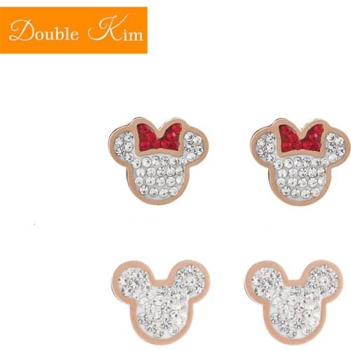 Cartoon Kawaii Mouse White Stud Earrings Titanium Stainless Steel Inlaid Zircon Earrings Rose Gold Color Trendy Women Jewelry