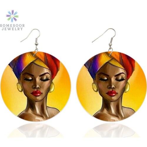 SOMESOOR Printing Headwrap Woman Black Queen Wooden Drop Earrings Afro Hoops African Art Design Jewelry For Lady Girl Gift 1Pair