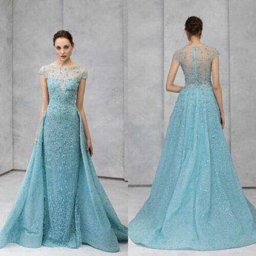 Light Blue Evening Dresses With Detachable Skirt Lace Appliqued Cap Sleeves Mermaid Prom Dress Tony Ward Formal Party Gowns