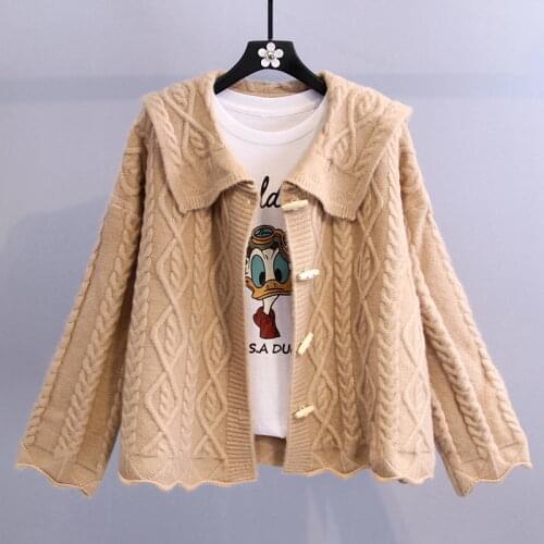 Sweater cardigan jacket women 2021 new autumn and winter clothes loose navy collar long sleeve village color knitted top