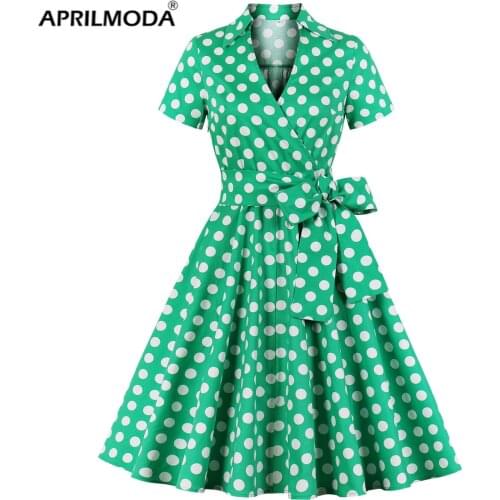 Polka Dot Printed Cotton Green Party Vintage Rockabilly Dress With Belt Short Sleeve Retro 50s 60s Midi Pin Up Tunic Clothing