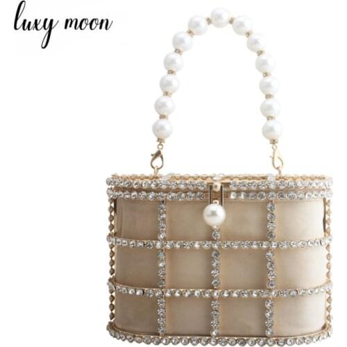 Hollow Out Mini Ladies Handbag Luxury Diamond Velour Wedding Clutch Bag Pearl Chain Handle Womens Evening Bag for Party ZD1673