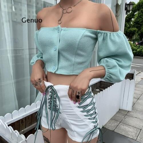 Tees Fashion Strapless Top Womens One-Shoulder Long Sleeve Navel Cardigan Slash Neck T-Shirt Knit Cardigan