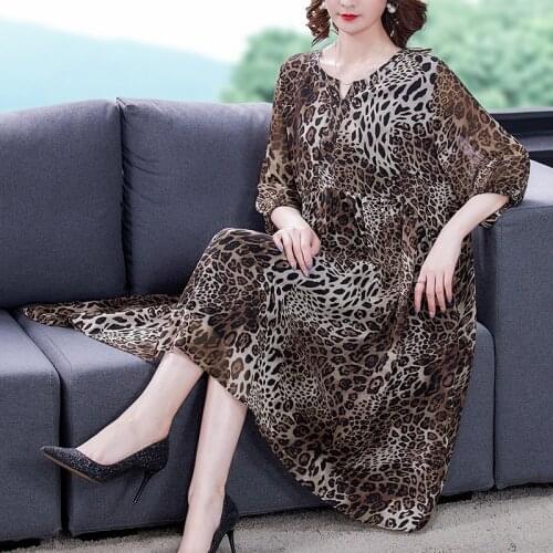 2021 Women Vintage Leopard Print Chiffon Midi Dress Summer Casual Loose 3XL Plus Size Beach Dress Elegant Bodycon Party Vestidos