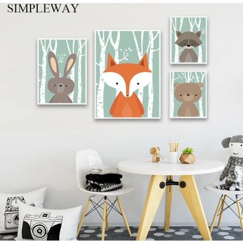 Fox Bear Bunny Forest Animal Child Poster Nursery Art Canvas Print Cartoon Wall Painting Nordic Kid Baby Room Decoration Picture
