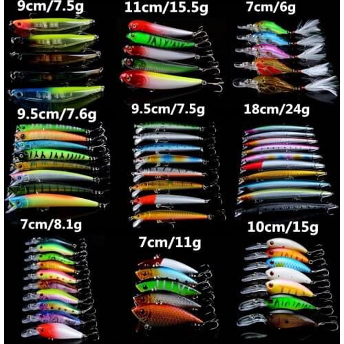 63pcs/lot Fishing Lures Mixed 9 Models Hard Baits Artificial Make Qualtiy Lifelike Fishing Tackle Minnow/Crank and VIB bait mix