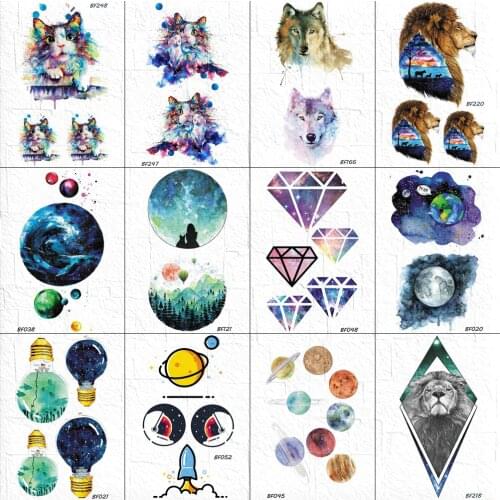 Watercolour Child Tattoos Stickers Women Cute Diamond Chest Galaxy Tattoos Temporary Cats Moon Girls Body Arm Universe Tatoos