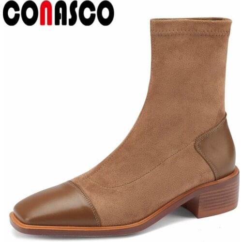 CONASCO Fashion Women Ankle Boots Autumn Winter Warm Cow Leather Basic Prom Office Shoes Concise Elagant Boots Woman