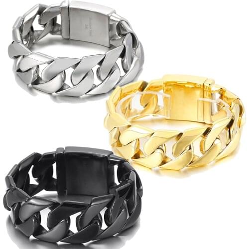 8.5inch 24mm Mens Bracelet 316L Stainless Steel Heavy Curb Cuban Chain Link Silver Black Gold Color Male Jewelry Wristband