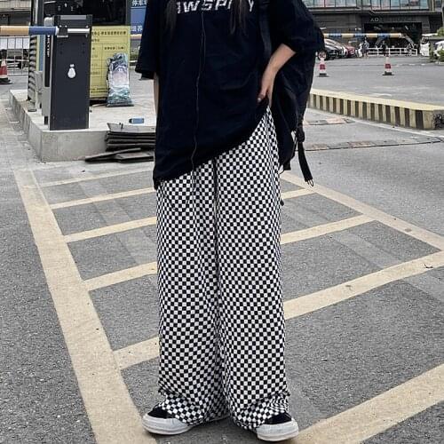 Autumn Women Japanese Black And White Plaid Stripe Printing Casual Trousers Street Trend Mens Loose High-Waisted Wide-Leg Pants