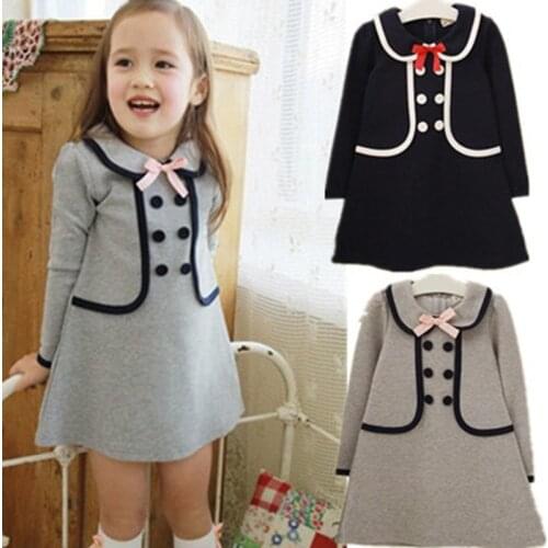 Retail 2019 New summer children girls dress,cotton long design t-shirt double-breasted buttons sub school navy 3-7Y