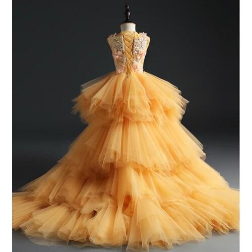 ELegant Long Trailing Flower Girls Dress for Wedding Gold Tutu Floral Kids Pageant Dress First Communion Dress Party Prom Dress