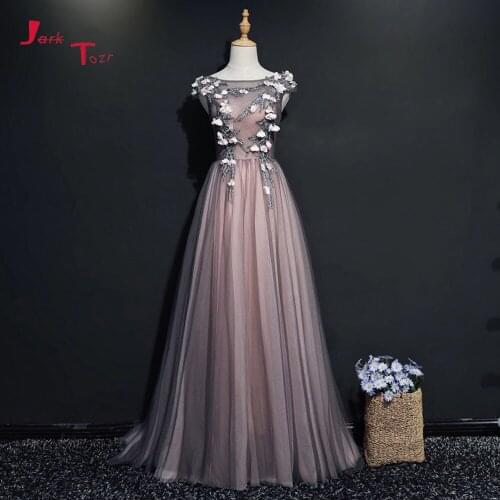 Jark Tozr New Special Cap Sleeve Formal Gowns Vestido Longo Lace Up Appliques Flowers Evening Dresses Abiye Alibaba China