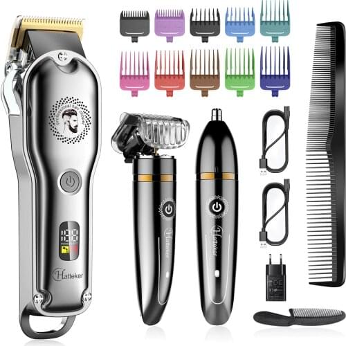 Hatteker Hair Clipper for Men Cordless Beard Trimmer Nose/Ear Trimmer Hair Grooming Kit 3 in 1 with 10 Colorful Combs