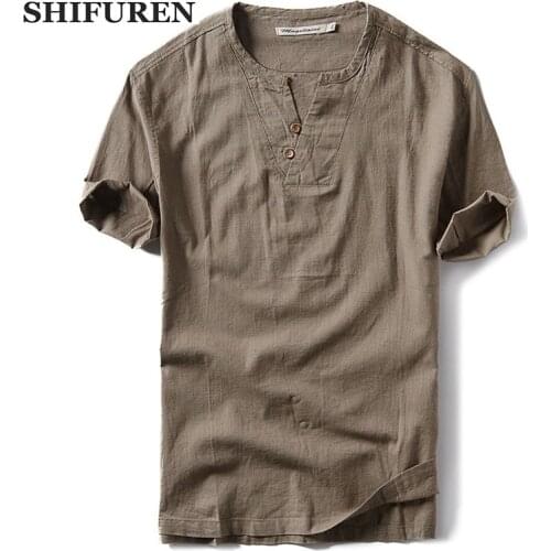 SHIFUREN 2018 New Summer Men Thin Cotton Linen Shirts Short Sleeve Loose Fit Breathable Causal Male Dress Shirts Plus Size M-2XL