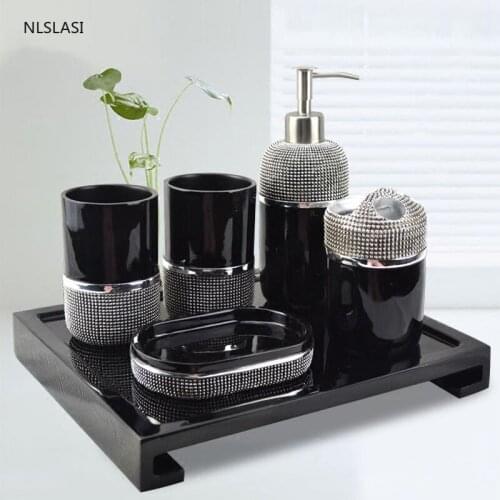 Simple Printing Resin Six Piece Set Bathroom Accessories Set Soap Dispenser Gargle Cup Toothbrush Holder Soap Dish with Tray