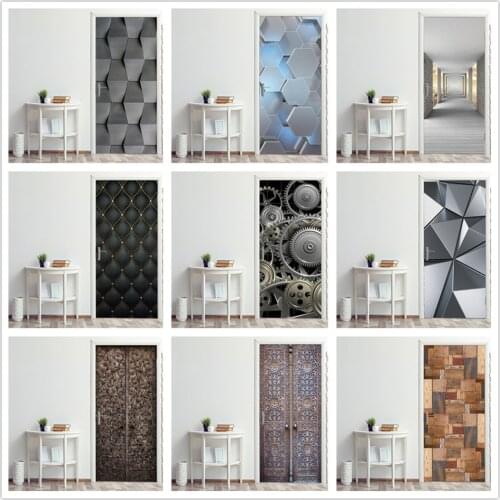 2020 New Geometrical Gear Door Sticker Self-adhesive Retro Wooden Door Wallpaper Home Decoration Modern Design Decal deursticker