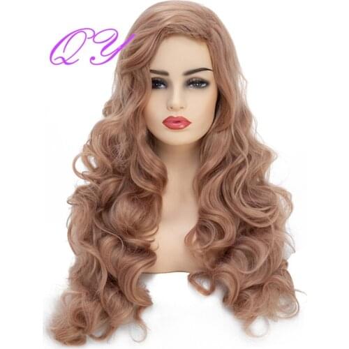 QY Hair Long Rose Gold Color Natural Wavy Synthetic Wigs for Women or DIY Curly Wigs for Women